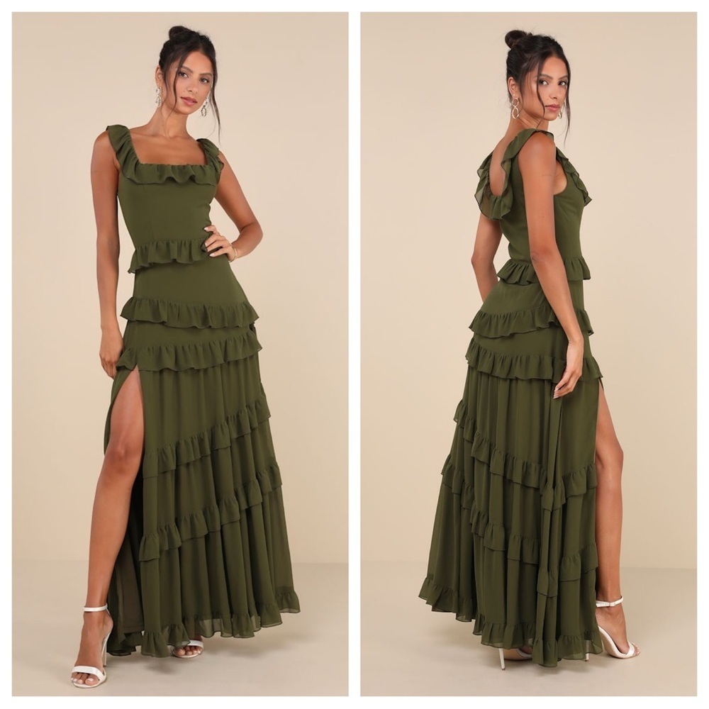Lulus Compelling Romantic Olive Green Ruffled Tiered Maxi
Dress